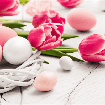 Download wallpapers spring, Easter, pink tulips, eggs