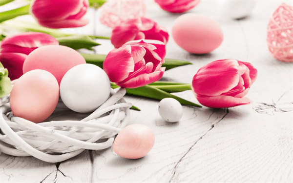 Download wallpapers spring, Easter, pink tulips, eggs